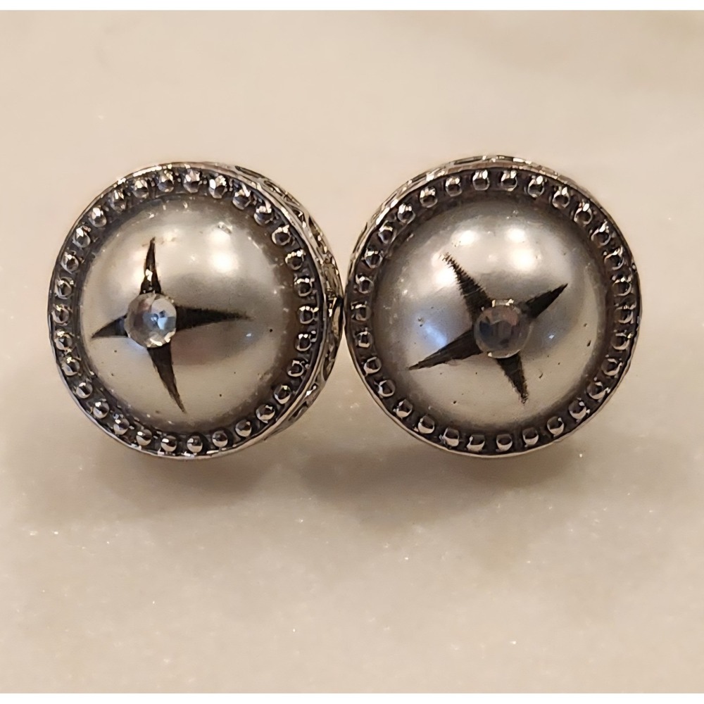 Starburst‎ Stud Earrings Silver Tone Rhinestone Filigree Border Celestial